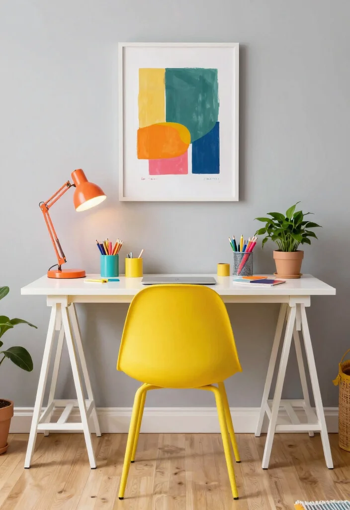 14 Work Desk Setup Ideas for Focused Productive Days 3. Vibrant Pops of Color 0