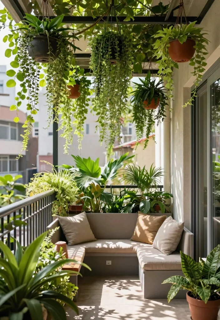 10 Balcony Ceiling Ideas to Elevate Small Outdoor Spaces 23 10 Balcony Ceiling Ideas to Elevate Small Outdoor Spaces 3. Hanging Greenery for a Natural Touch 0