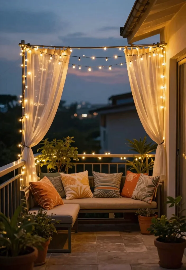 10 Balcony Ceiling Ideas to Elevate Small Outdoor Spaces 35 10 Balcony Ceiling Ideas to Elevate Small Outdoor Spaces 5. String Lights for Enchanting Illumination 0