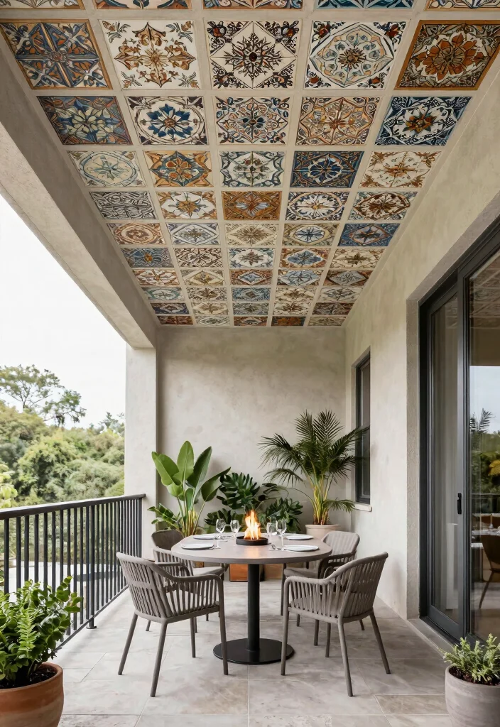 10 Balcony Ceiling Ideas to Elevate Small Outdoor Spaces 36 10 Balcony Ceiling Ideas to Elevate Small Outdoor Spaces 6. Stylish Ceiling Tiles for Texture 0
