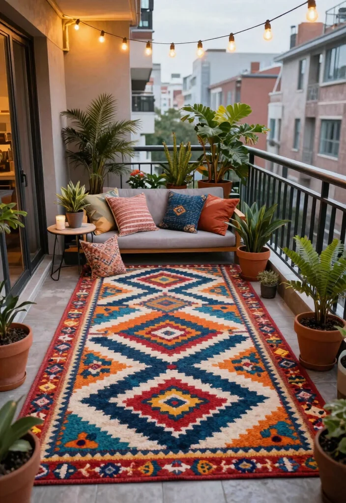 10 Balcony Ceiling Ideas to Elevate Small Outdoor Spaces 47 10 Balcony Ceiling Ideas to Elevate Small Outdoor Spaces 7. Outdoor Rugs for a Cohesive Look 0