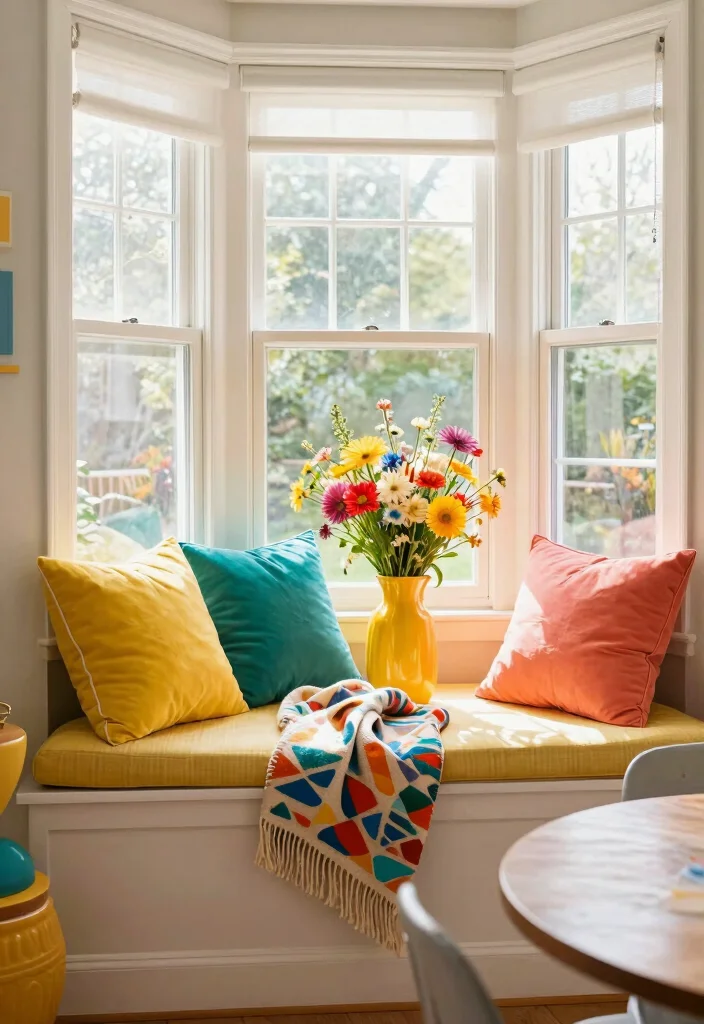 10 Dining Room Bay Window Ideas for Light Filled Seating 6. Colorful Accents 0