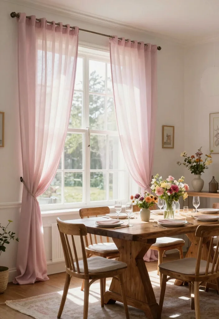 10 Dining Room Curtain Ideas for Soft Filtered Light 13 10 Dining Room Curtain Ideas for Soft Filtered Light 3. Sheer Curtains in Soft Pastels 0