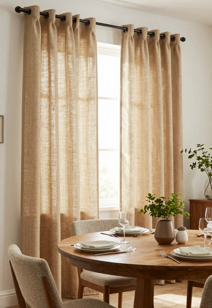 10 Dining Room Curtain Ideas for Soft Filtered Light 48 10 Dining Room Curtain Ideas for Soft Filtered Light 8. Jute and Fabric Hybrid Curtains 0