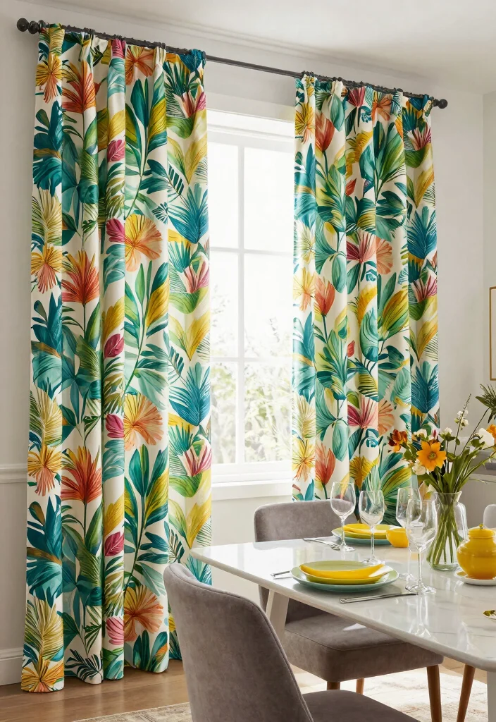 10 Dining Room Curtain Ideas for Soft Filtered Light 59 10 Dining Room Curtain Ideas for Soft Filtered Light 9. Artistic Printed Curtains 0