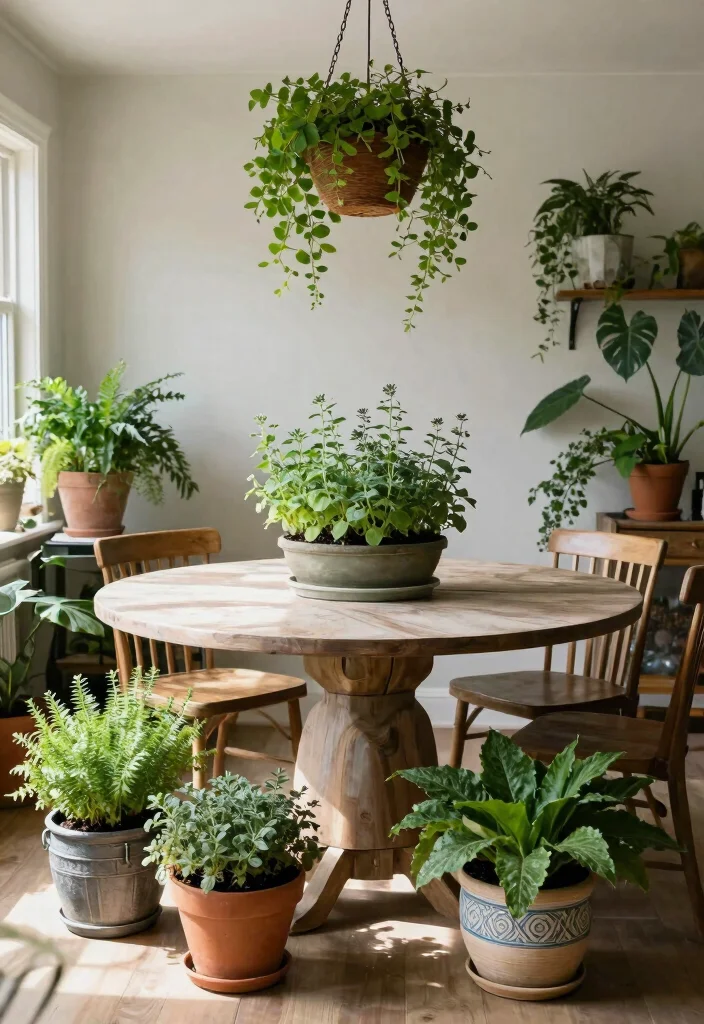 10 Dining Room Ideas with Round Tables That Feel Intimate 5. Incorporate Plants for Freshness 0