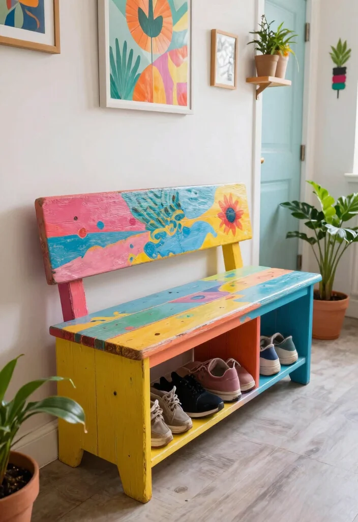 10 Hallway Bench Ideas for Seating and Shoe Storage 10. Colorful DIY Bench 0