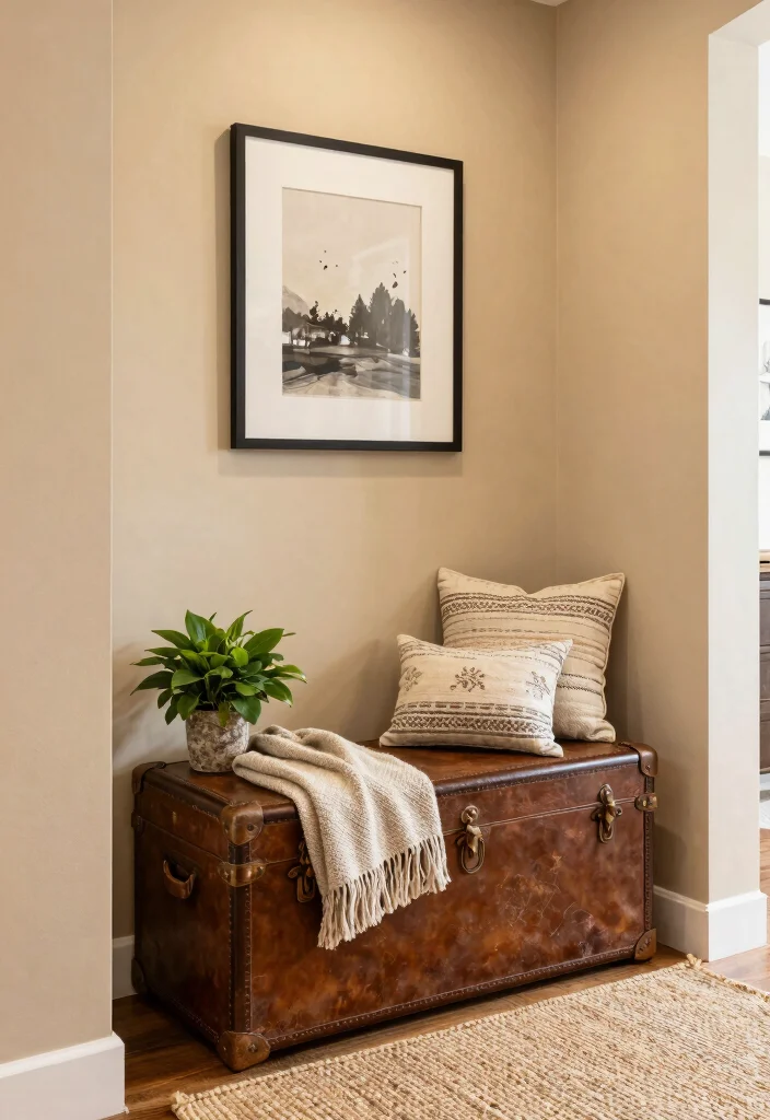10 Hallway Seating Ideas for Welcoming Entrances 3. Vintage Trunks as Seating 0