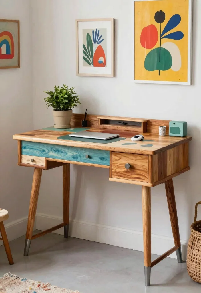 10 Homemade Desk Ideas with Simple DIY Charm 50 10 Homemade Desk Ideas with Simple DIY Charm 10. Artful Desk with Upcycled Materials 0