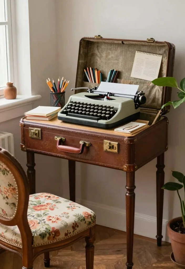 10 Homemade Desk Ideas with Simple DIY Charm 13 10 Homemade Desk Ideas with Simple DIY Charm 3. Vintage Suitcase Desk 0