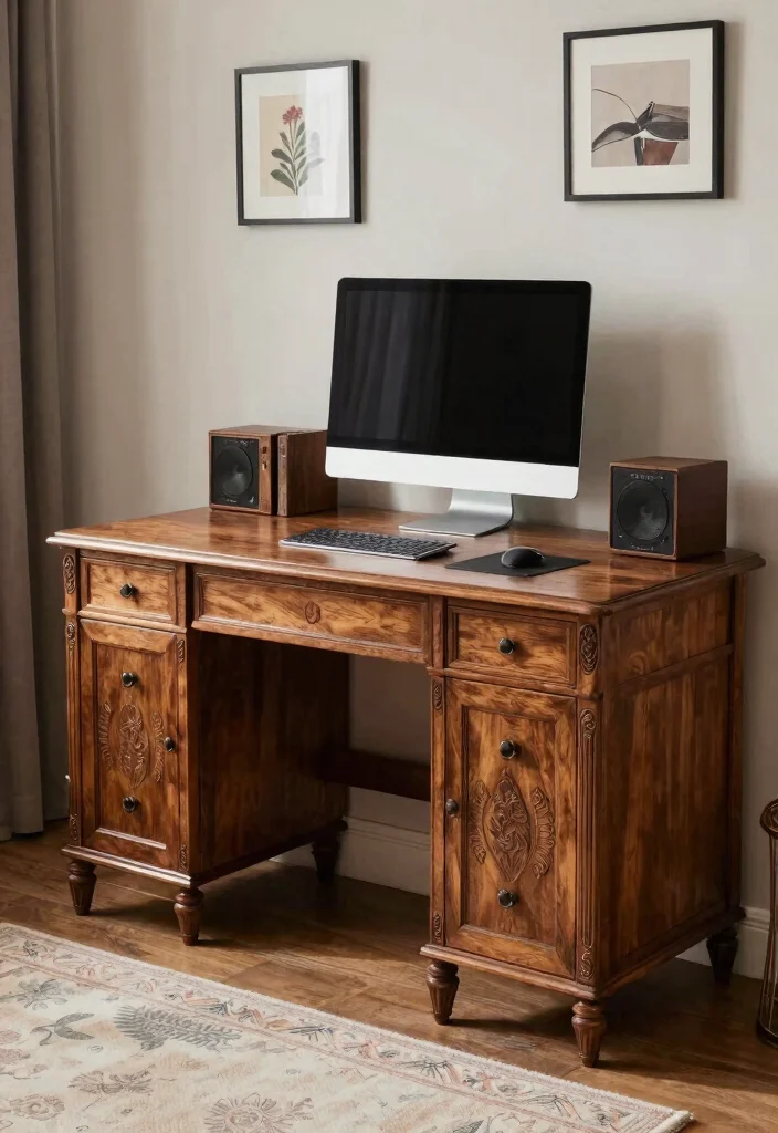 10 PC Desk Ideas for Gaming and Work Setups 6. Vintage Style Desk with Modern Touches 0