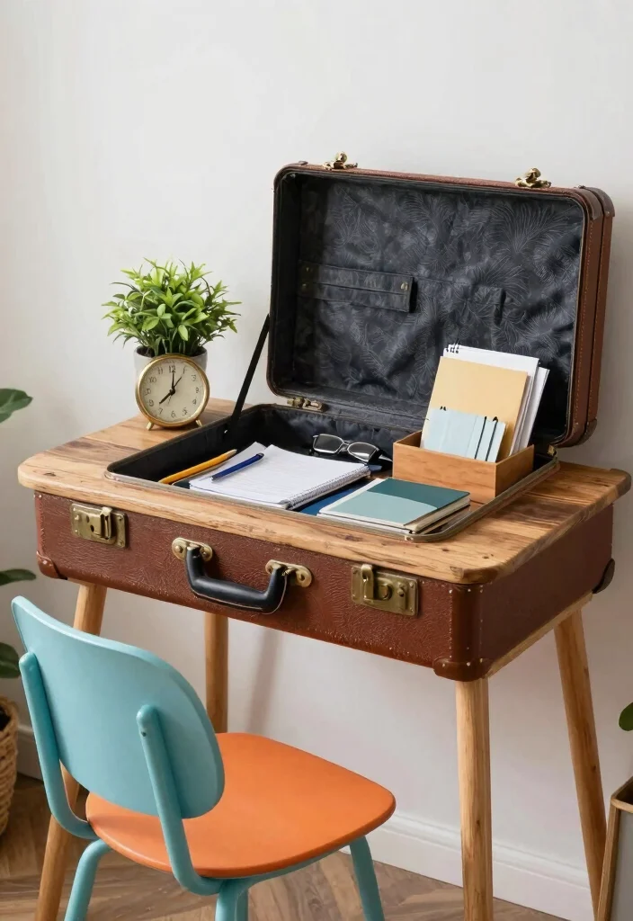 10 Rustic Desk Ideas with Warm Natural Texture 38 10 Rustic Desk Ideas with Warm Natural Texture 8. Vintage Suitcase Desk 0