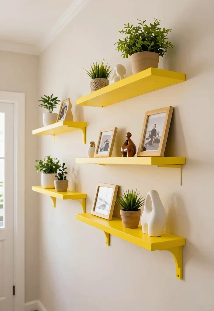 10 Yellow Hallway Ideas for Bright Cheerful Spaces 46 10 Yellow Hallway Ideas for Bright Cheerful Spaces 6. Decorative Yellow Wall Shelves for Storage and Style 0