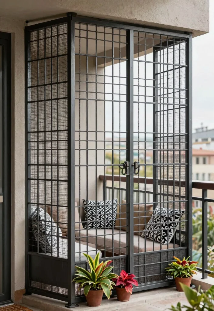 12 Balcony Partition Ideas to Define Zones Without Blocking Light 9. Metal Grilles for an Industrial Look 0
