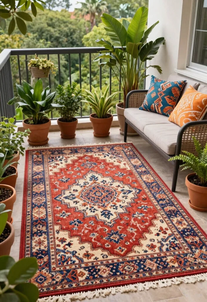 12 Balcony Screening Ideas for Shade and Visual Privacy 9. Outdoor Rugs for Comfort and Style 0