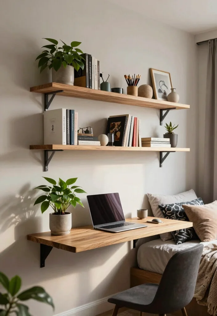 12 Bedroom Room Ideas with Desk for Balanced Layouts 23 12 Bedroom Room Ideas with Desk for Balanced Layouts 3. Floating Shelves and Desk Combo 0