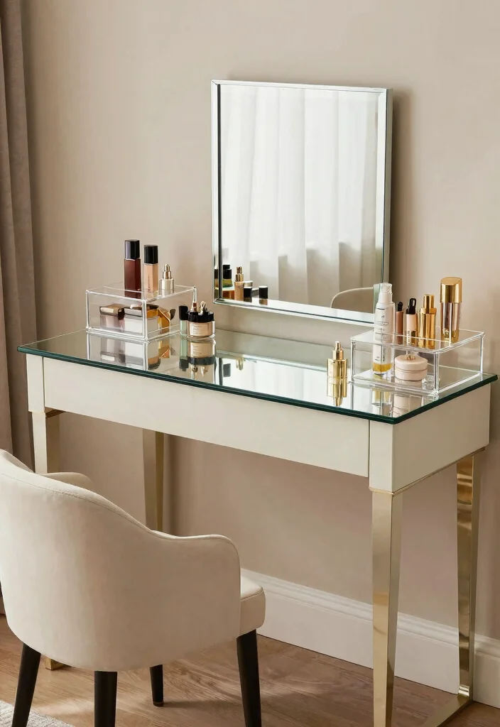 12 Bedroom Vanity Desk Ideas for Beauty and Daily Use 38 12 Bedroom Vanity Desk Ideas for Beauty and Daily Use 8. Chic Glass Accents 0