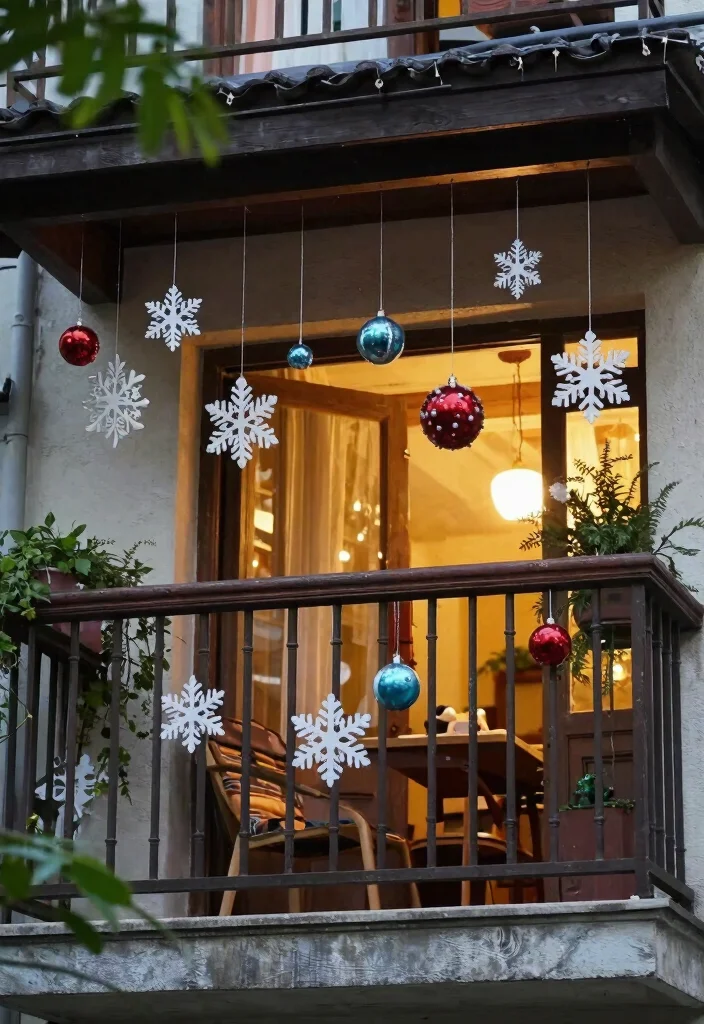 12 Christmas Apartment Balcony Ideas with Warm Holiday Vibes 34 12 Christmas Apartment Balcony Ideas with Warm Holiday Vibes 4. Hanging Decorations 0