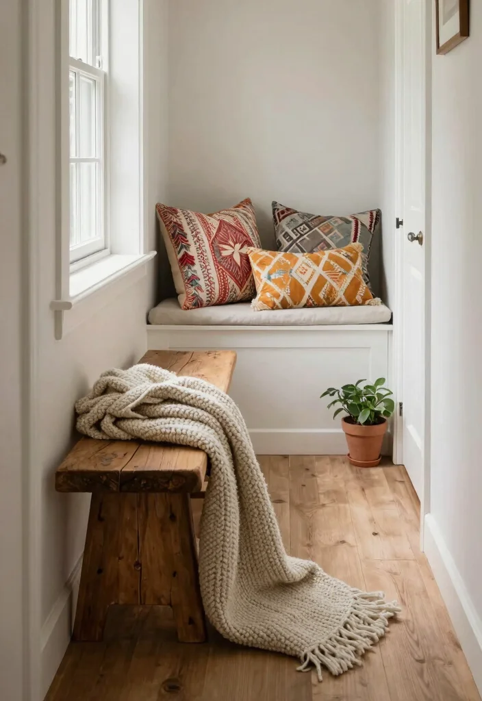 12 Cottage Hallway Ideas with Cozy Vintage Charm 11. Cozy Throws and Cushions 0