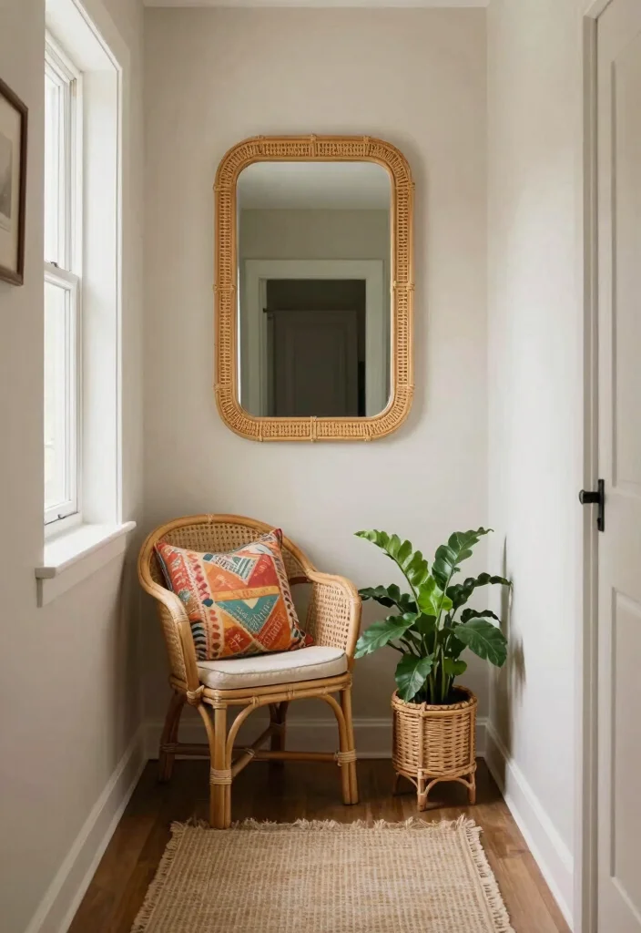 12 Cottage Hallway Ideas with Cozy Vintage Charm 2. Vintage Rattan Accents 0