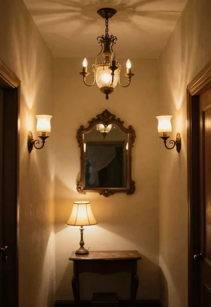12 Cottage Hallway Ideas with Cozy Vintage Charm 5. Antique Lighting Fixtures 0