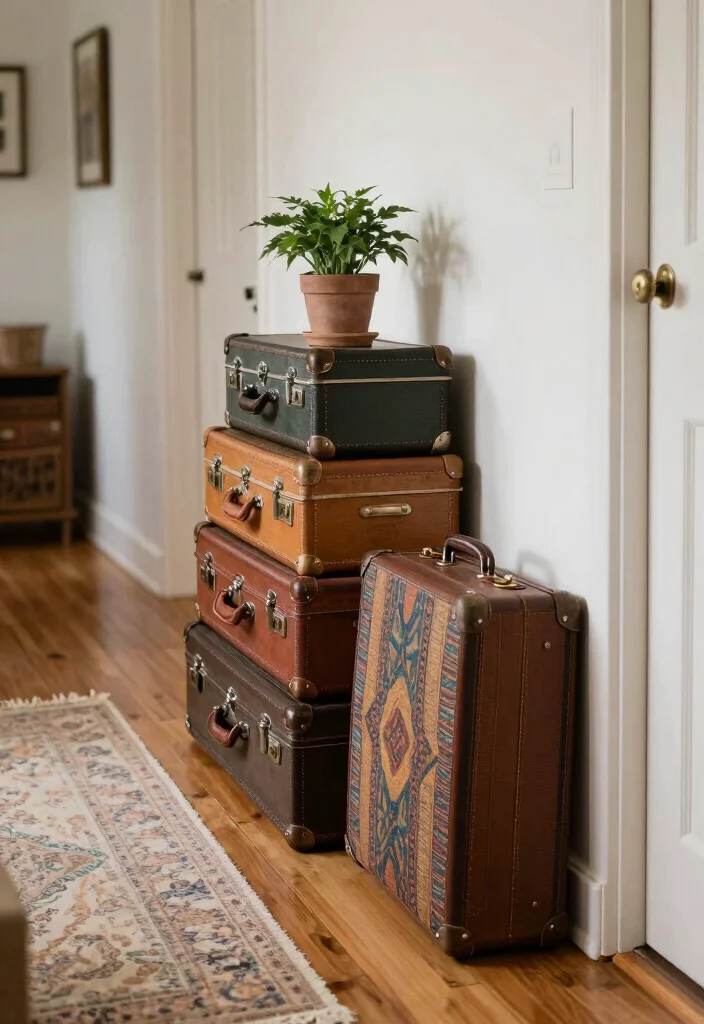 12 Cottage Hallway Ideas with Cozy Vintage Charm 9. Vintage Suitcases as Decor 0