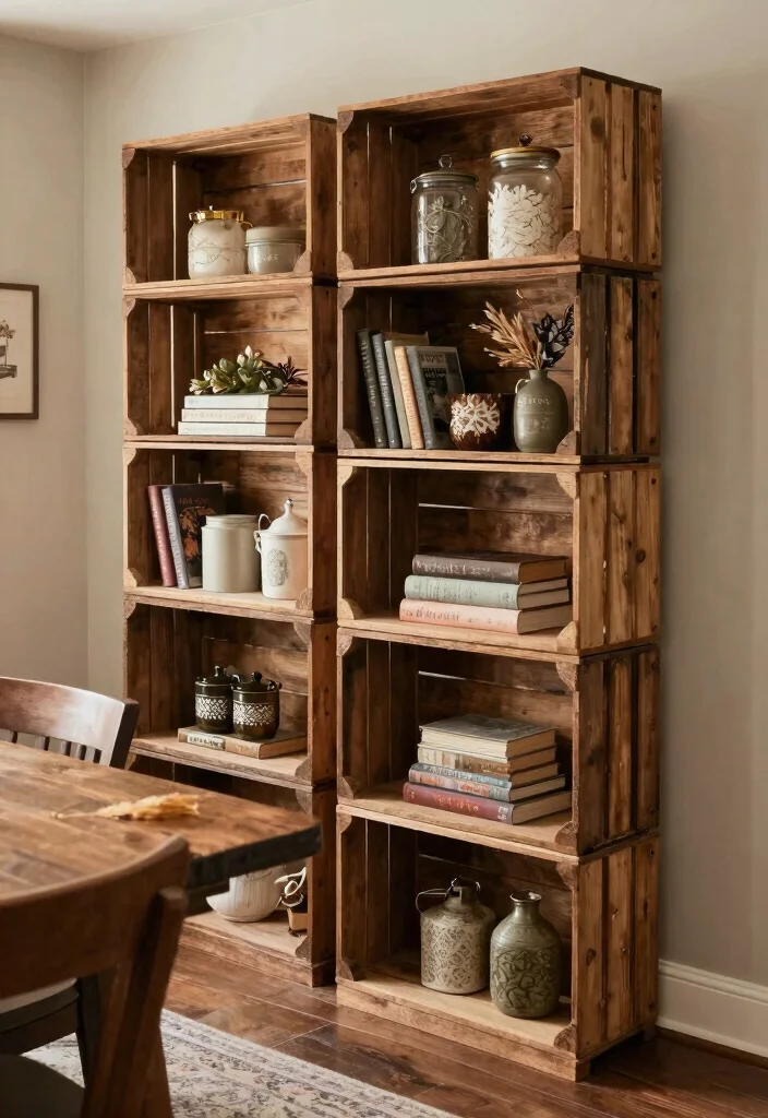 12 Dining Room Shelving Ideas for Storage and Display 4. Vintage Wooden Crates 0