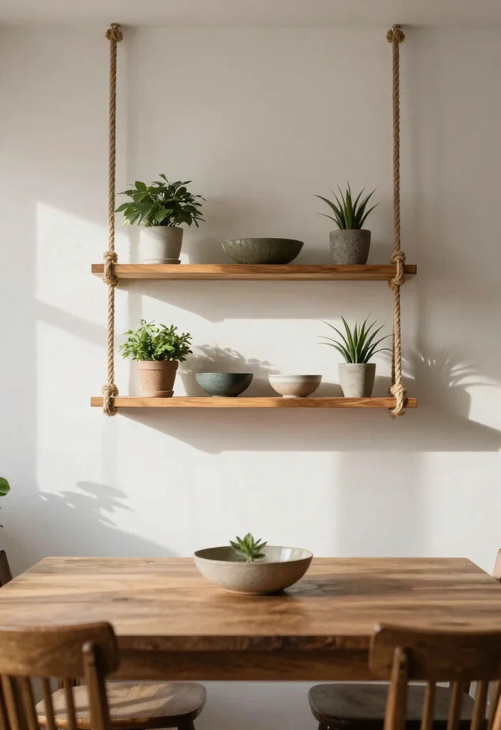 12 Dining Room Shelving Ideas for Storage and Display 7. Hanging Shelves with Rope 0