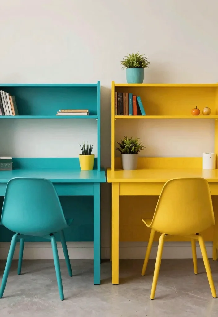 12 Double Desk Ideas for Shared Workspaces at Home 17 12 Double Desk Ideas for Shared Workspaces at Home 7. Modern Color Blocking Desks 0