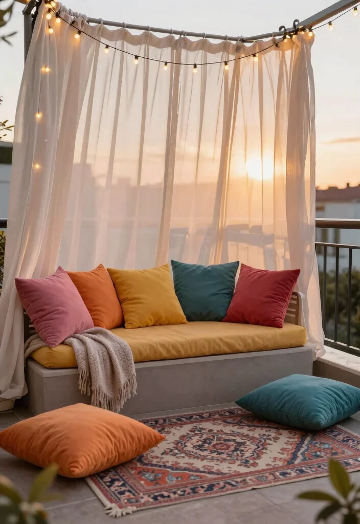 12 First Floor Balcony Ideas for Privacy and Style 4. Creative Use of Outdoor Fabrics 0