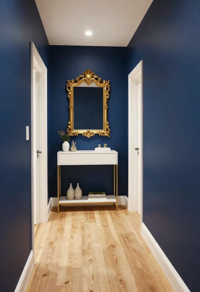 12 Hallway Color Ideas That Instantly Refresh the Space 3 12 Hallway Color Ideas That Instantly Refresh the Space 3. Bold Navy for a Dramatic Impact 0