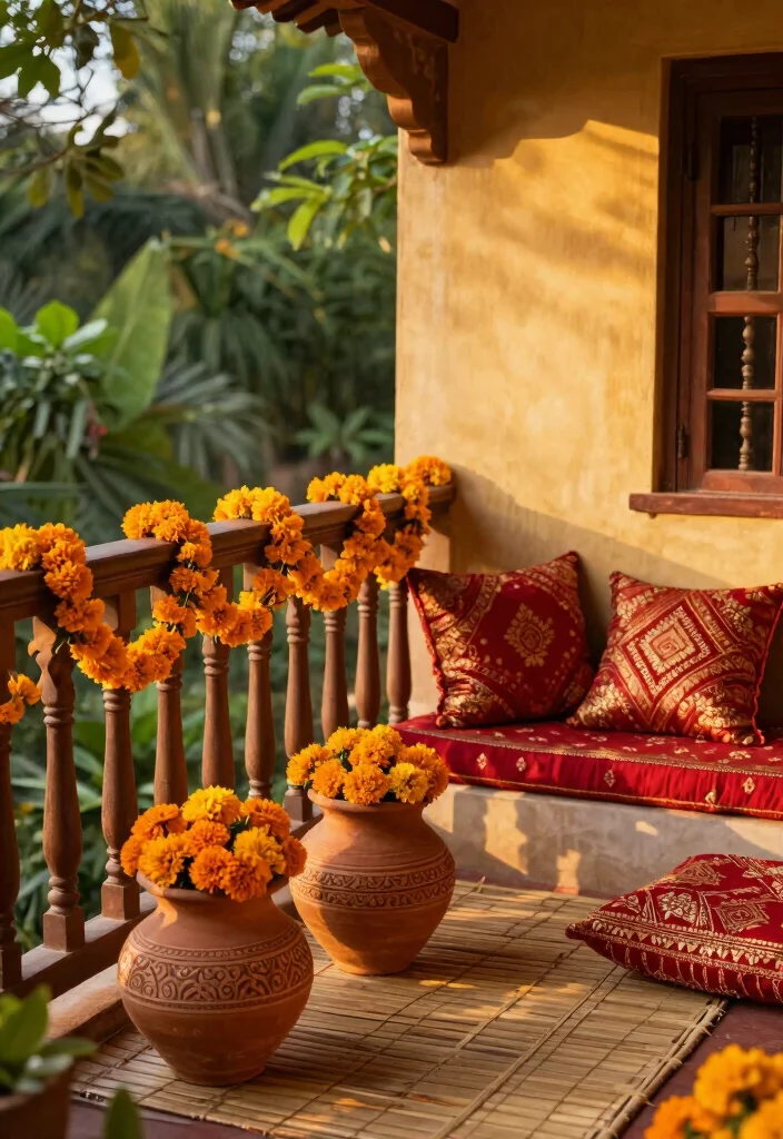 12 Indian Balcony Ideas with Warm Colors and Cultural Touches 1 12 Indian Balcony Ideas with Warm Colors and Cultural Touches 1. Marigold Magic 0