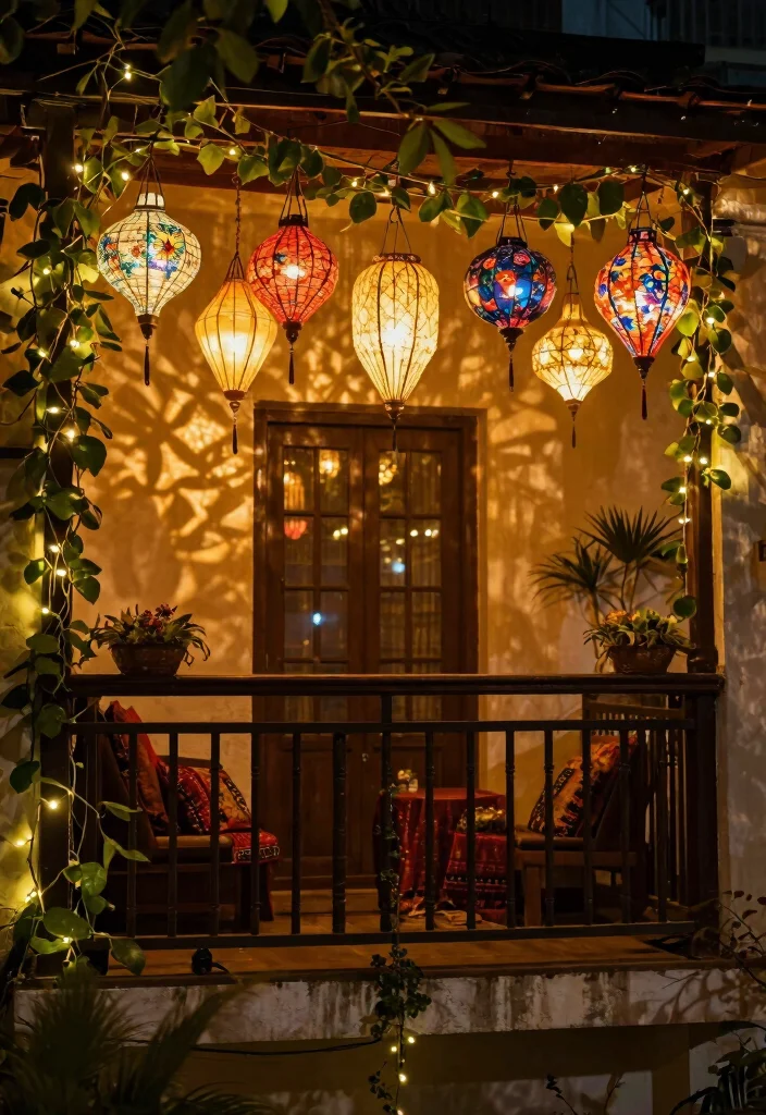12 Indian Balcony Ideas with Warm Colors and Cultural Touches 13 12 Indian Balcony Ideas with Warm Colors and Cultural Touches 3. Lanterns and Lights 0