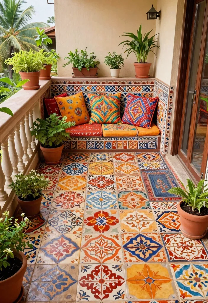 12 Indian Balcony Ideas with Warm Colors and Cultural Touches 47 12 Indian Balcony Ideas with Warm Colors and Cultural Touches 7. Colorful Floor Tiles 0