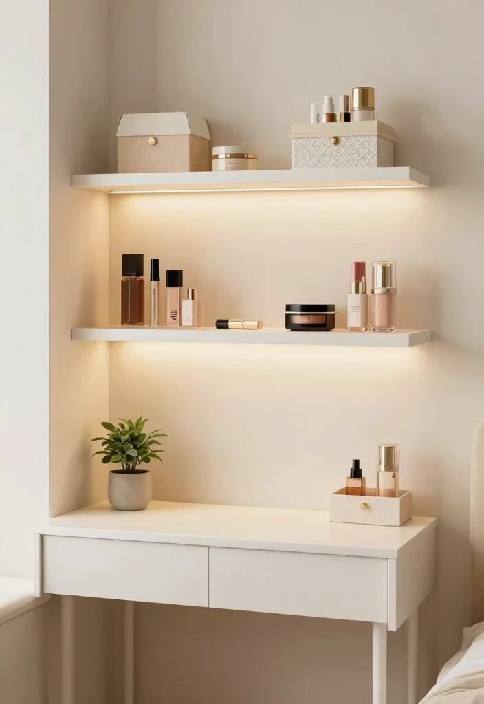 12 Makeup Vanity Table Desk Ideas with Soft Lighting 4 12 Makeup Vanity Table Desk Ideas with Soft Lighting 4. Small Space Solutions with Floating Shelves 0