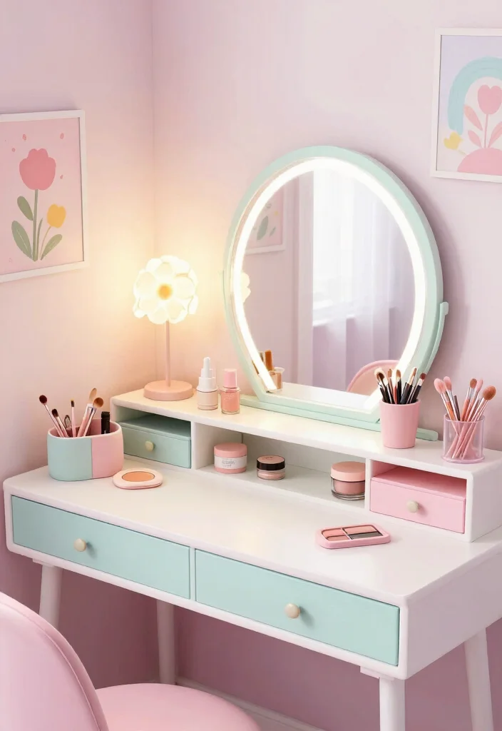 12 Makeup Vanity Table Desk Ideas with Soft Lighting 27 12 Makeup Vanity Table Desk Ideas with Soft Lighting 7. Bright Pastel Dreams 0