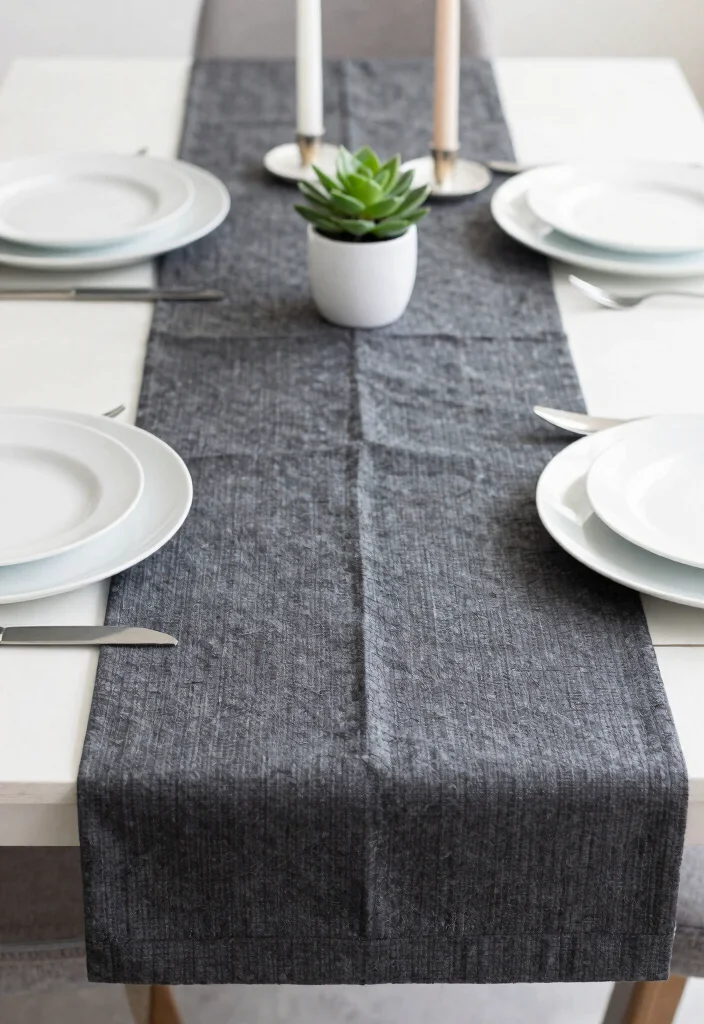12 Modern Dining Room Table Runner Ideas with Clean Lines 1. Monochrome Magic 0