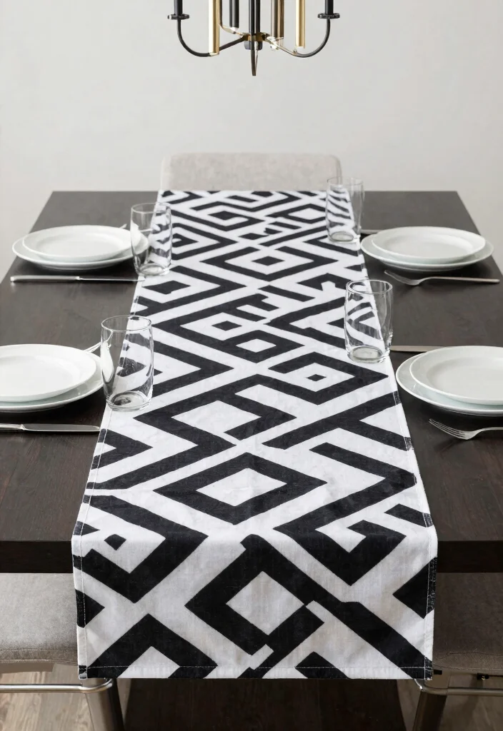 12 Modern Dining Room Table Runner Ideas with Clean Lines 3. Geometric Patterns 0