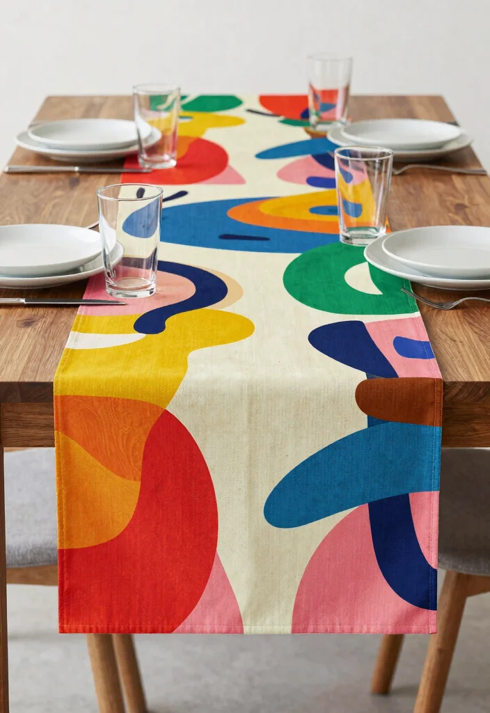 12 Modern Dining Room Table Runner Ideas with Clean Lines 9. Artistic Prints 0