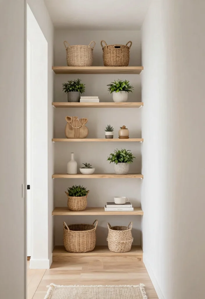 12 Narrow Entry Hallway Ideas That Feel Open 27 12 Narrow Entry Hallway Ideas That Feel Open 7. Open Shelving for Display 0