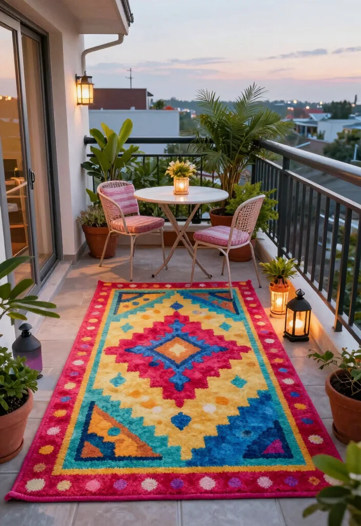12 Outdoor Apartment Balcony Ideas for Fresh Air Living 47 12 Outdoor Apartment Balcony Ideas for Fresh Air Living 7. Colorful Outdoor Rugs 0