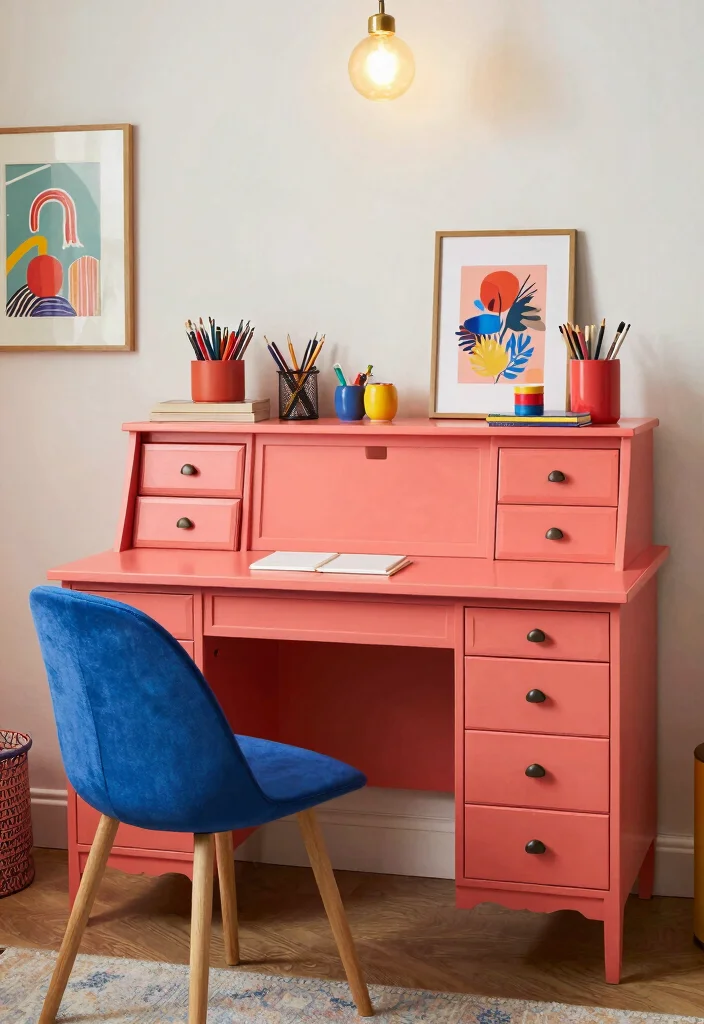 12 Secretary Desk Makeover Ideas with Vintage Character 25 12 Secretary Desk Makeover Ideas with Vintage Character 5. Bold and Bright 0