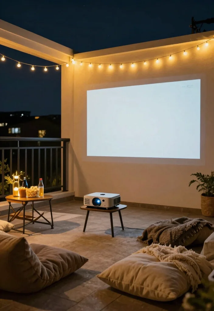 12 Small Cozy Balcony Ideas for Morning Coffee and Slow Evenings 10. Create an Outdoor Movie Space 0