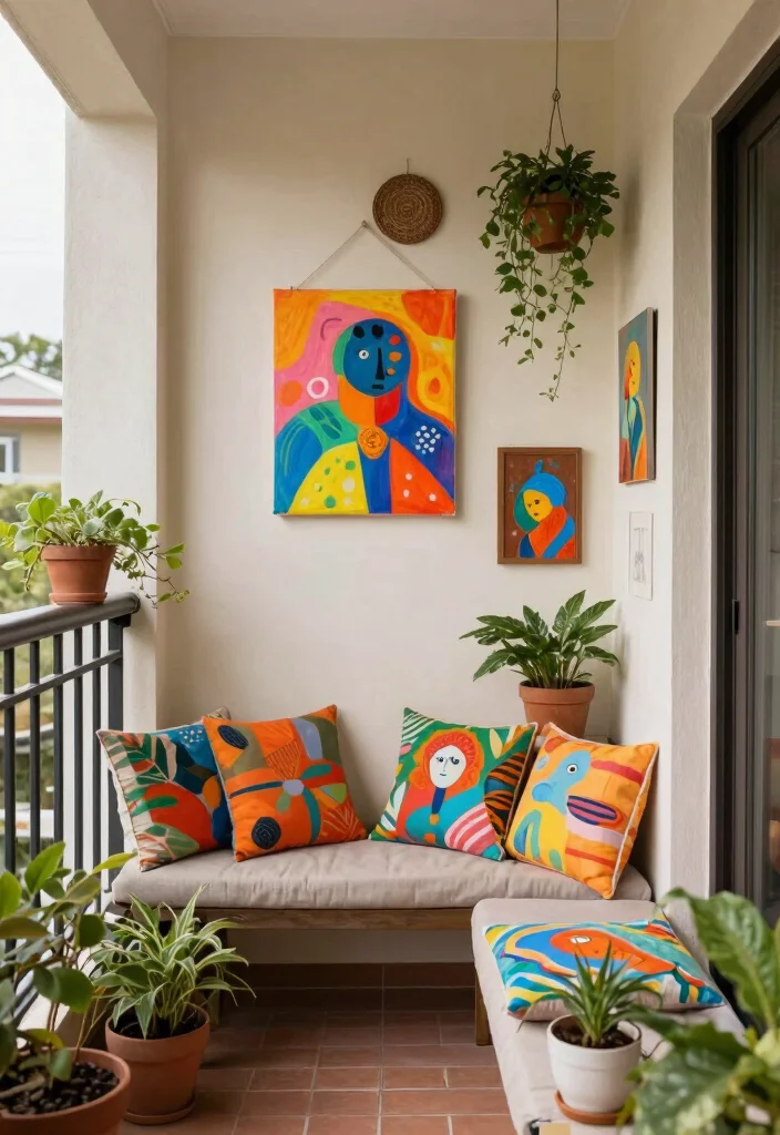 12 Small Cozy Balcony Ideas for Morning Coffee and Slow Evenings 12. Personalize with Artwork 0