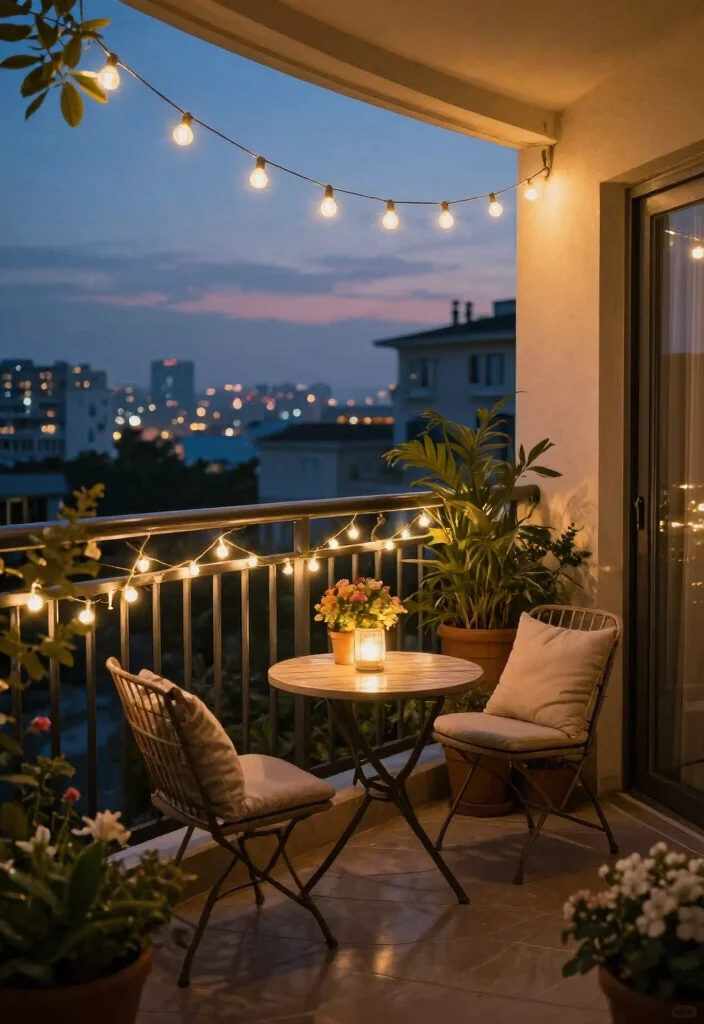 12 Small Cozy Balcony Ideas for Morning Coffee and Slow Evenings 3. Use String Lights for Ambiance 0