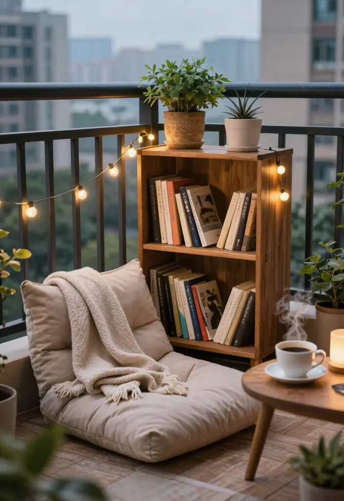 12 Small Cozy Balcony Ideas for Morning Coffee and Slow Evenings 4. Create a Mini Outdoor Library 0