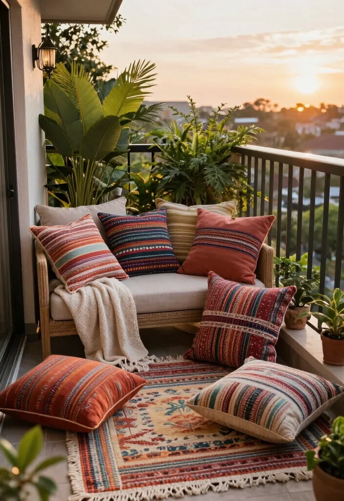 12 Small Cozy Balcony Ideas for Morning Coffee and Slow Evenings 5. Incorporate Natural Textiles 0