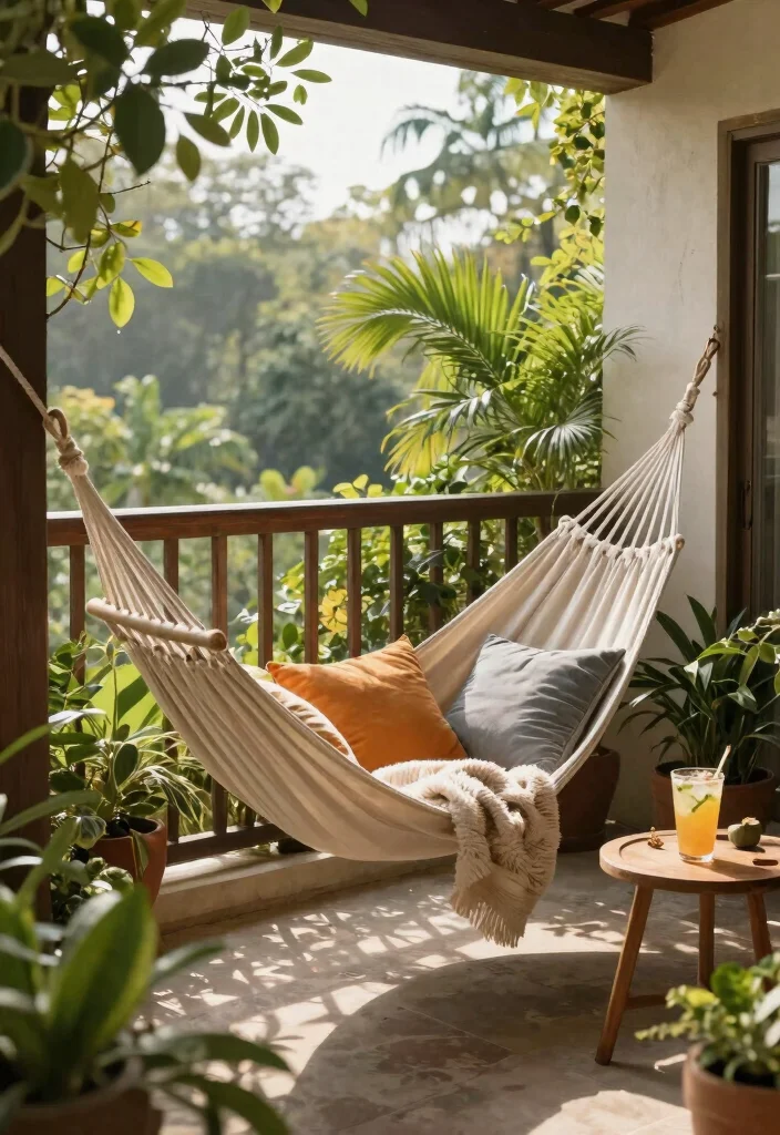 12 Small Cozy Balcony Ideas for Morning Coffee and Slow Evenings 8. Hang a Cozy Hammock 0