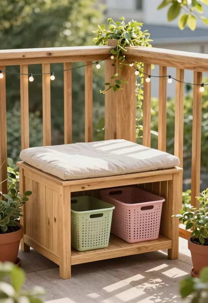 14 Balcony Laundry Ideas That Stay Hidden and Well Organized 1. Concealed Storage Bench 0