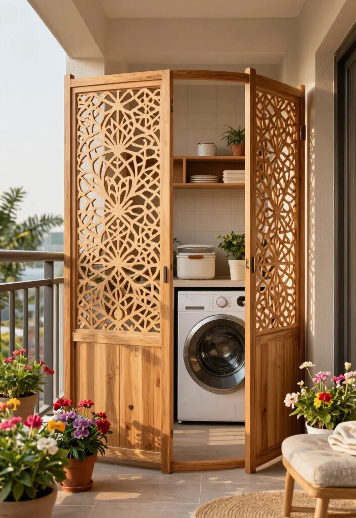 14 Balcony Laundry Ideas That Stay Hidden and Well Organized 10. Stylish Divider Screen 0